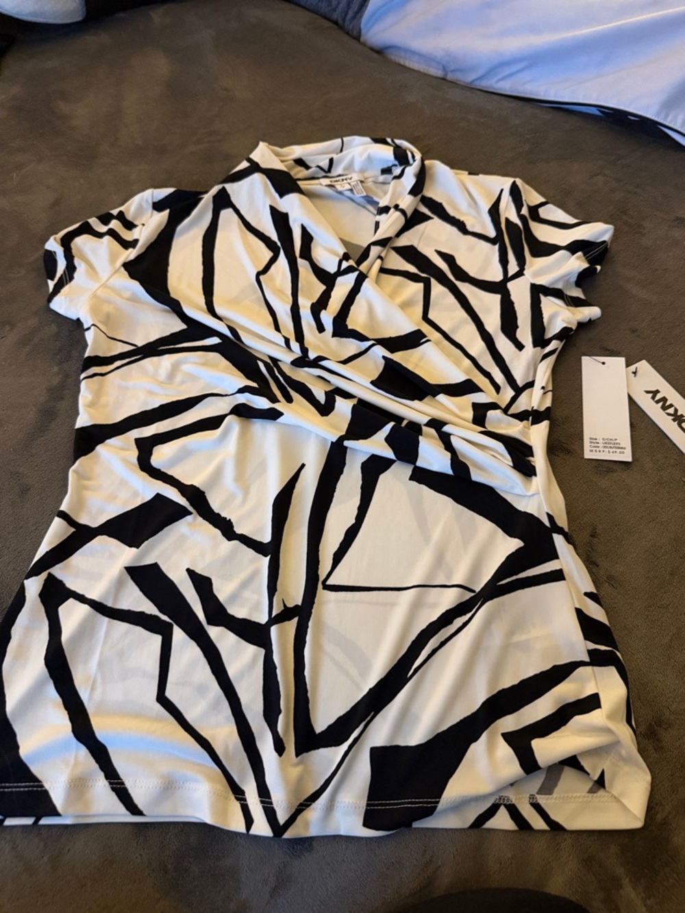 DKNY Black and White Abstract Wrap-Style Top